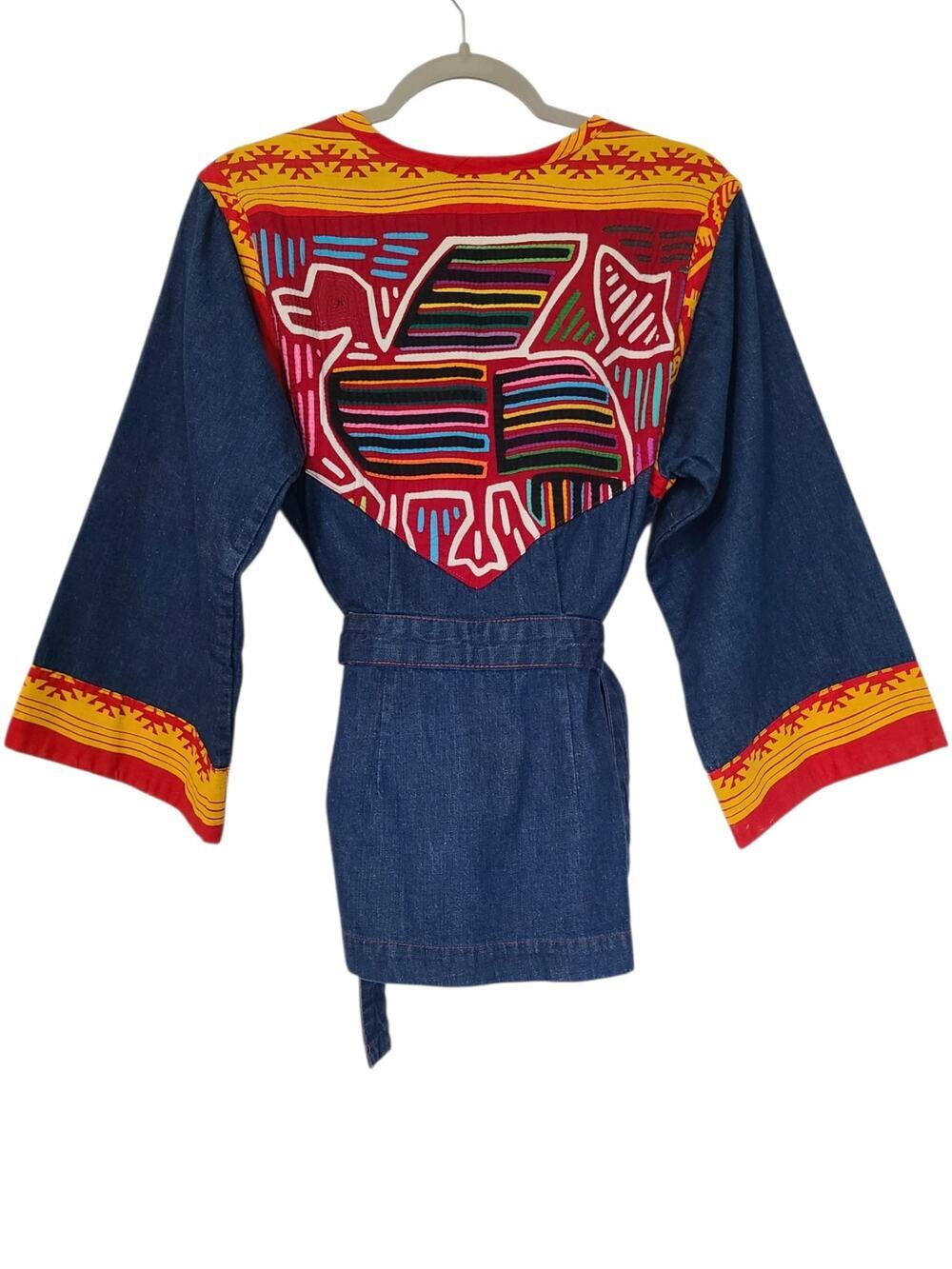 Vintage 70s Morgan’s Treasures Denim Wrap Jacket - Hand-Sewn Panamanian Mola - M